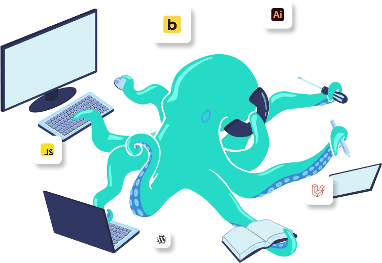 Ilustracja maskotki ośmiornicy i technologii informatycznych
